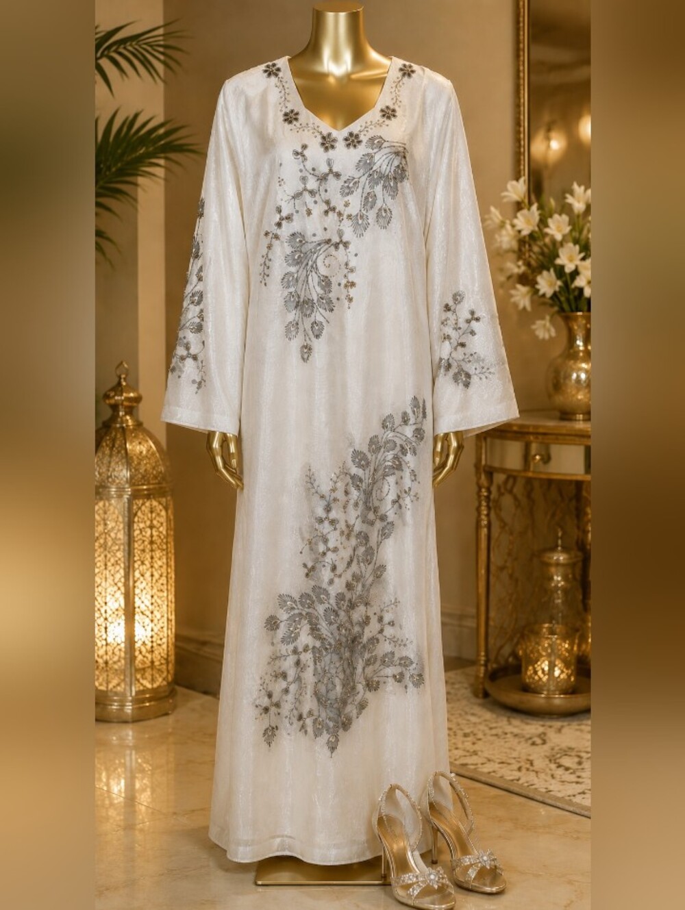 Vintage Ivory Embroidered Maxi Dress Kaftan with Silver Beaded Floral Detail